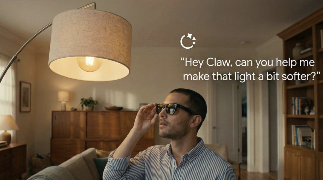 一个人戴着智能眼镜坐在沙发上，正通过语音助手调节灯光