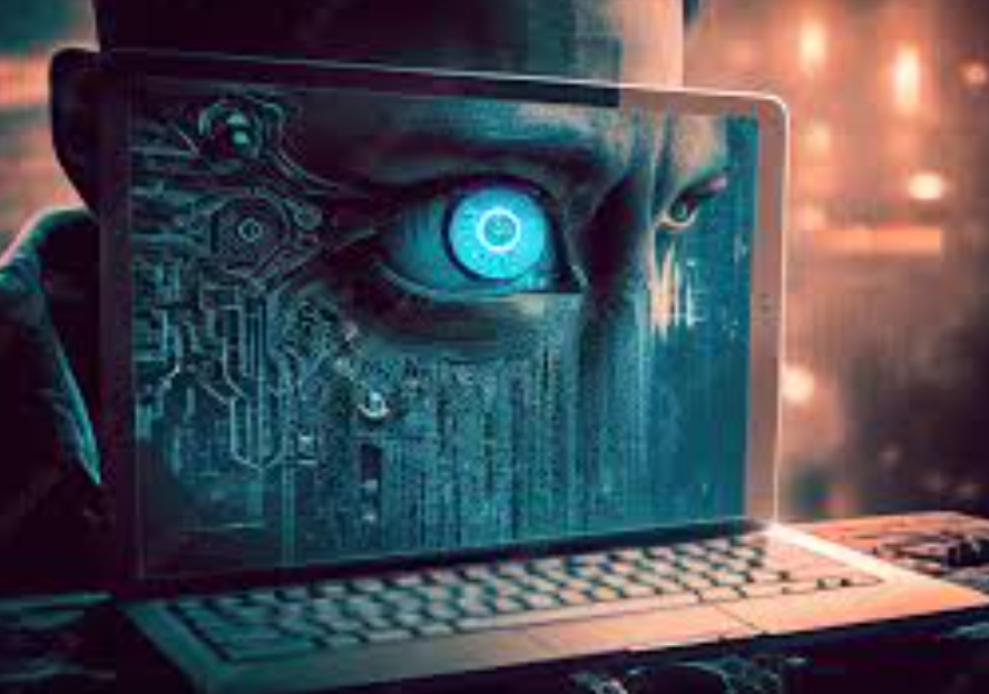 笔记本电脑屏幕上显示着发光的蓝色机械眼睛，背景是模糊的城市夜景，充满未来感