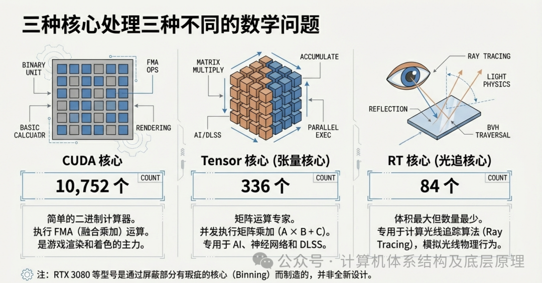 三种核心功能对比图：CUDA Core， Tensor Core， RT Core