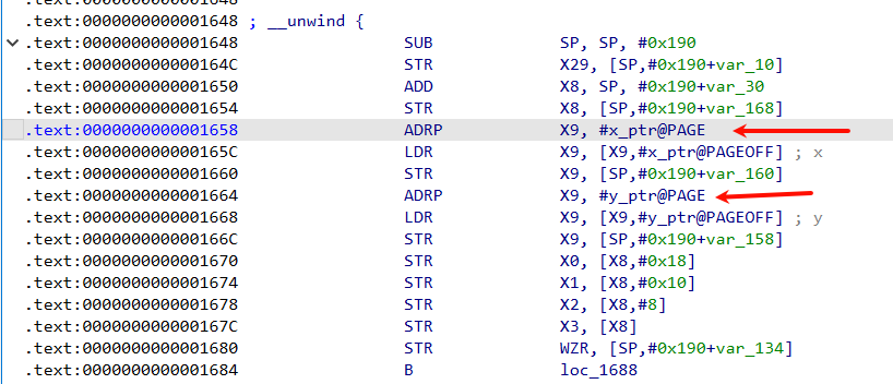 汇编代码显示ADRP X9指向x_ptr和y_ptr的GOT槽