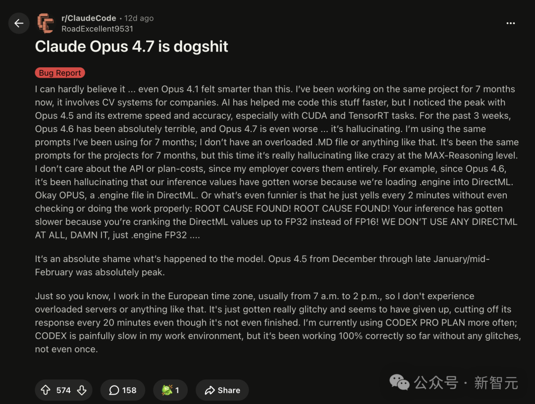 Reddit帖子截图，标题为“Claude Opus 4.7 is dogshit”，用户详述从Opus 4.5到4.7模型在使用CUDA/TensorRT等任务中性能与准确度持续下降，尤其在MAX-Reasoning模式下出现严重幻觉与误判。