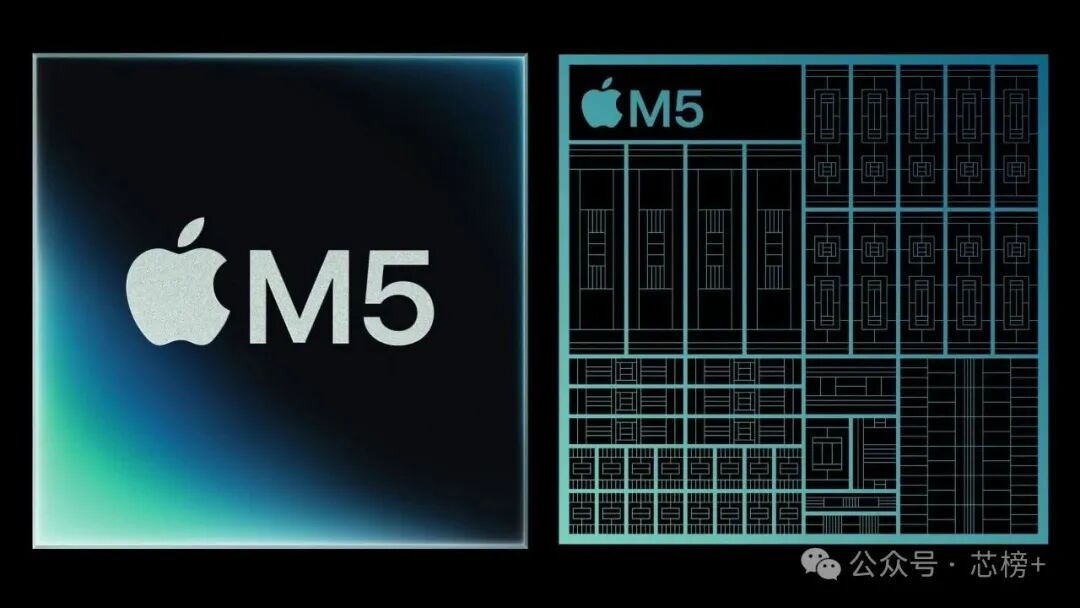 苹果M5芯片标志与内部电路结构示意图