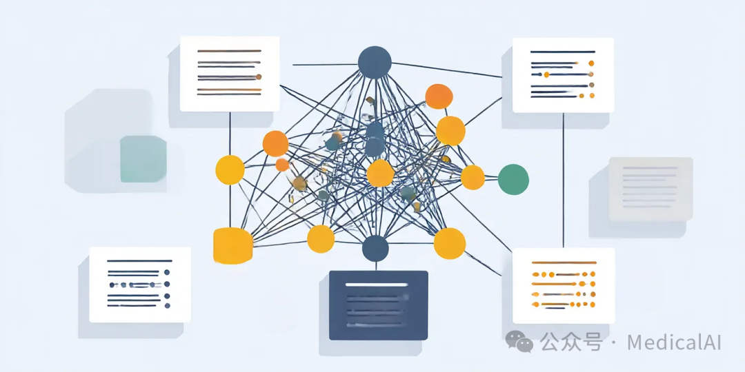 一幅描绘神经网络与知识文档相互连接的架构概念图