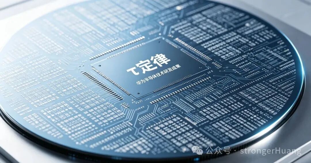 展示半导体晶圆的特写图片，印有文字‘π定律’及‘华为半导体技术研发成果’，具有科技感与未来感