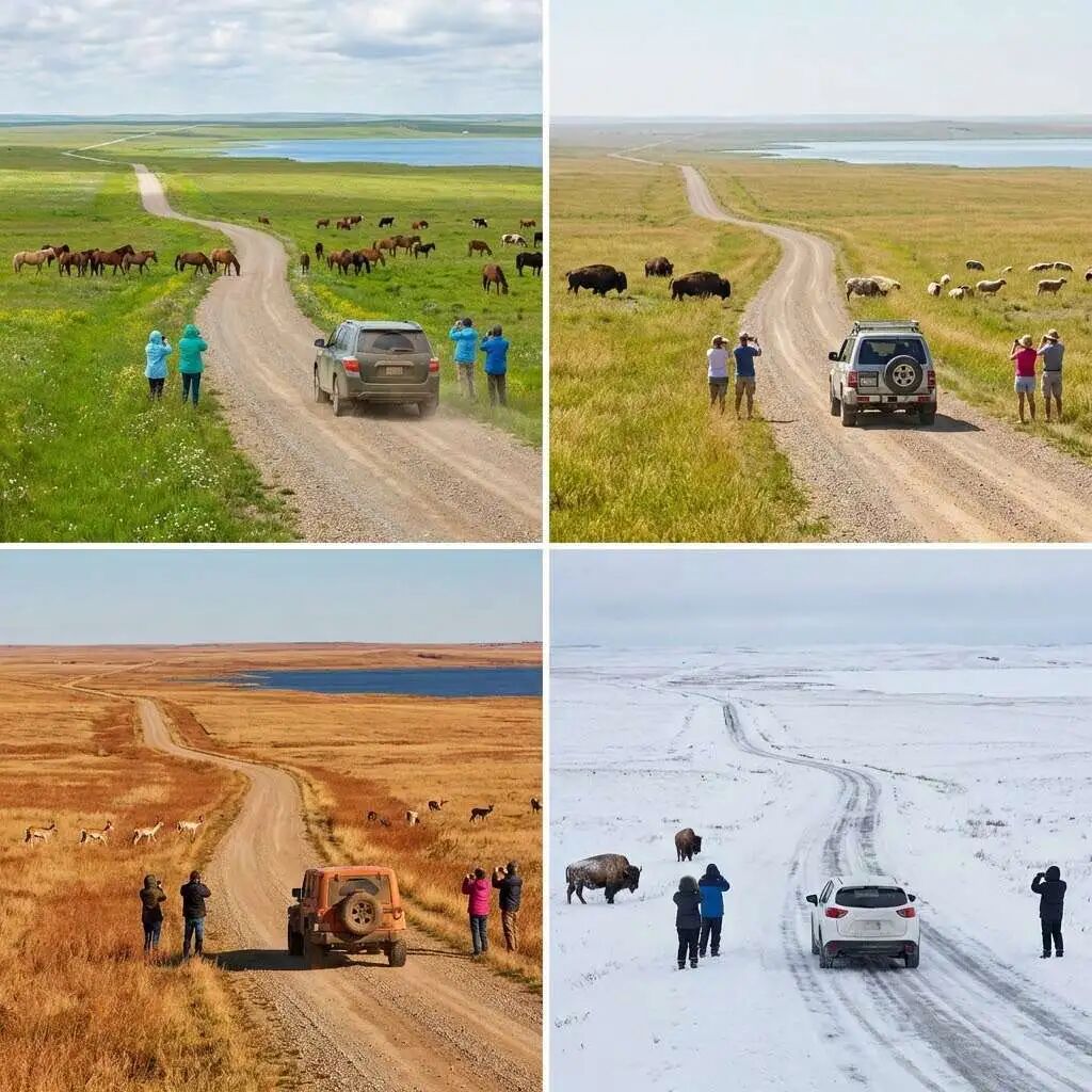 Nano Banana Pro生成的四格拼接图，展现同一位置草原的四季变化