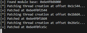 终端显示成功找到模块基址并对三个偏移地址进行了补丁操作