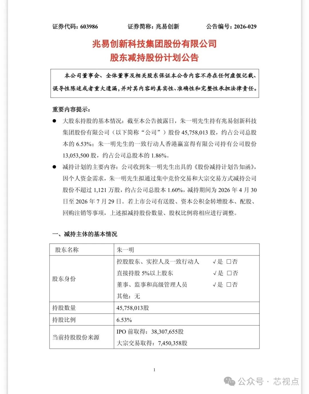 兆易创新股东减持股份计划公告