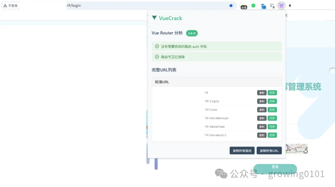 VueCrack工具识别出的未授权路由列表