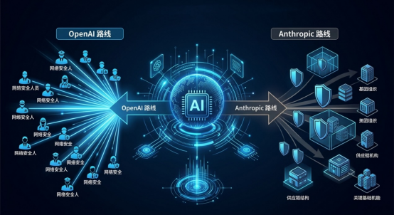 OpenAI与Anthropic在AI网络安全发展路径对比信息图