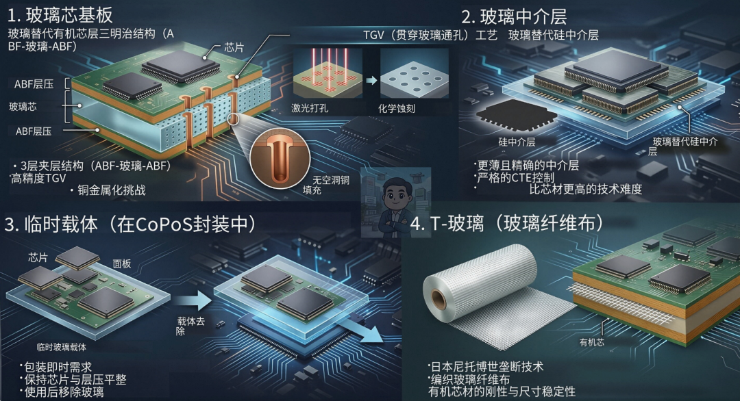 先进封装中的四种玻璃技术:玻璃核心基板、中介层、临时载板与T-Glass