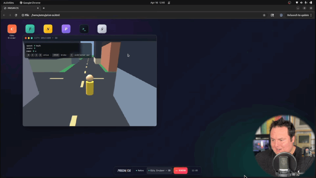 Opus 4.7生成的浏览器操作系统“PRIZM / OS”运行界面