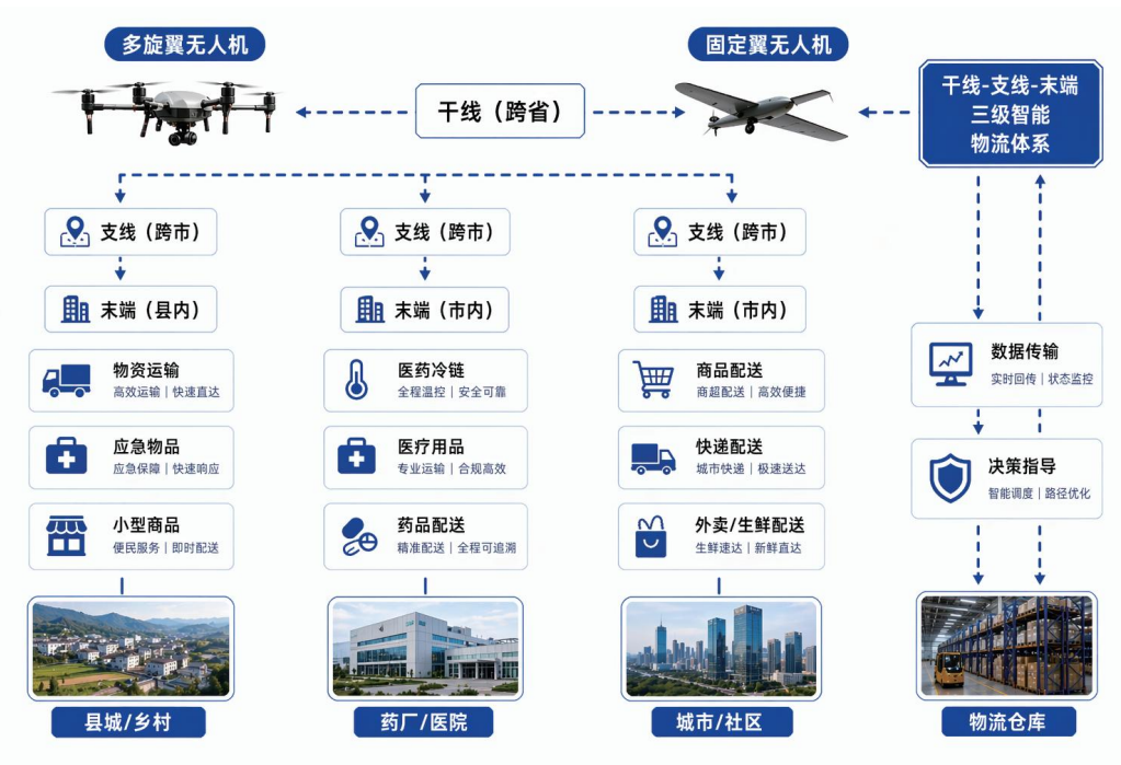 三级智能物流体系流程图，展示多旋翼与固定翼无人机在干线、支线、末端配送中的分工，覆盖县城乡村、药厂医院、城市社区场景