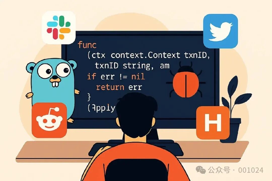 描绘程序员在电脑前调试Go代码，屏幕旁有Gopher吉祥物和Reddit、Hacker News等社区图标，以及一只代表bug的虫子