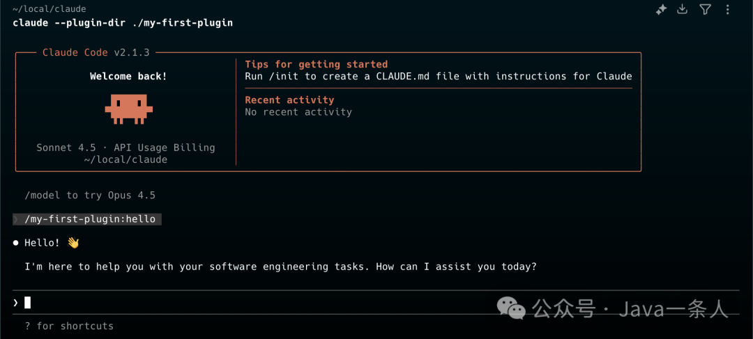 Claude Code v2.1.3 启动界面，显示“Hello! 🤝”问候语与自我介绍