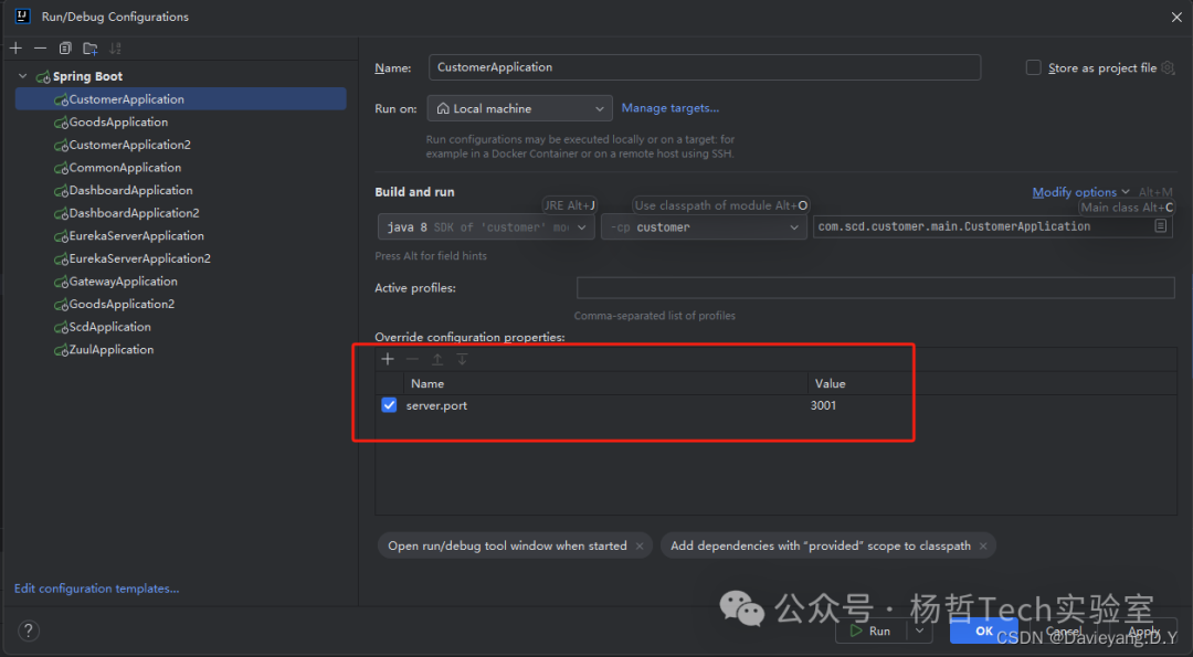 配置Customer服务第一个实例端口为3001