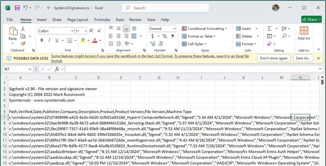 SigCheck 扫描 System32 签名结果 CSV