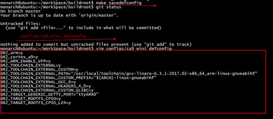终端显示 savedefconfig 操作及生成的 ca9_mini_defconfig 文件内容