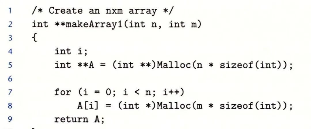 makeArray1函数，错误使用sizeof(int)而非sizeof(int*)