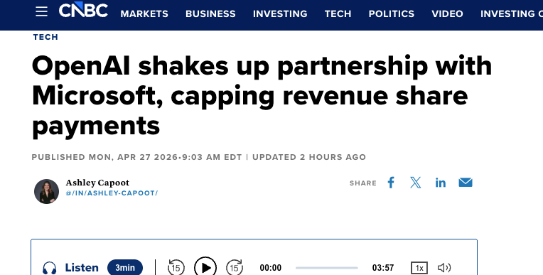 CNBC报道：OpenAI与微软修订合作协议的新闻页面截图