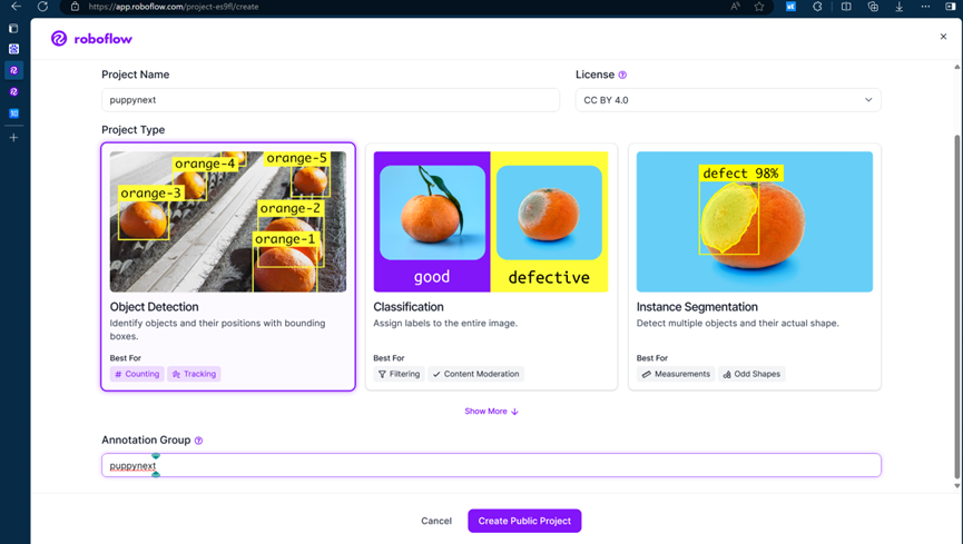 Roboflow平台创建项目界面