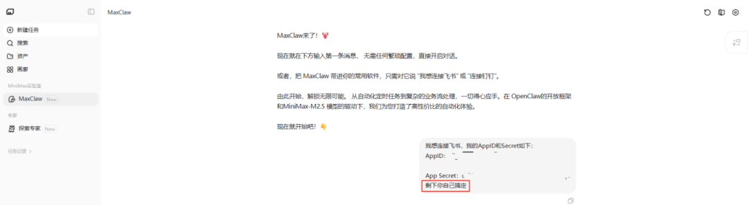 向MaxClaw发送飞书连接信息