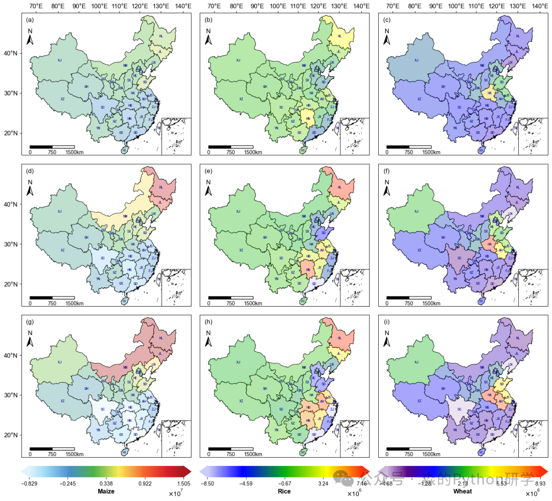 玉米、水稻、小麦产量空间分布地图(连续配色)