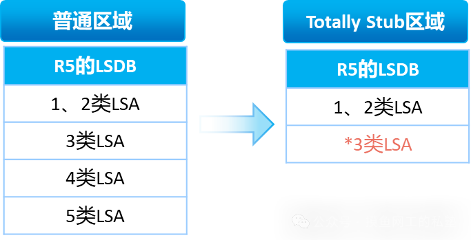 Totally Stub区域与普通区域的LSDB对比
