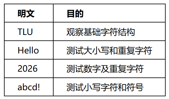 HexMaze 明文与测试目的对照表，涵盖大写、小写、数字和特殊符号四个测试样例