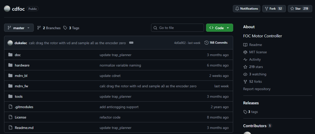 cdfoc GitHub 仓库:MIT 协议 FOC 电机控制器,Star/Fork 概览