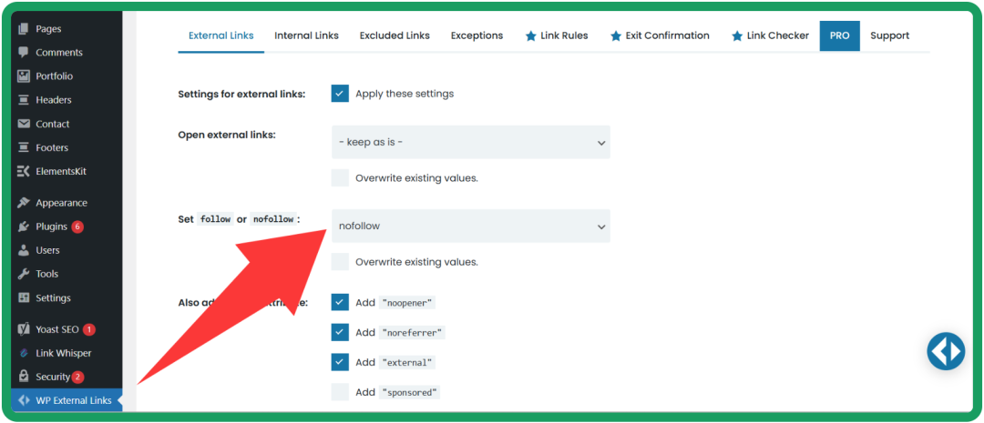 WP External Links插件设置界面,配置外部链接的nofollow等属性