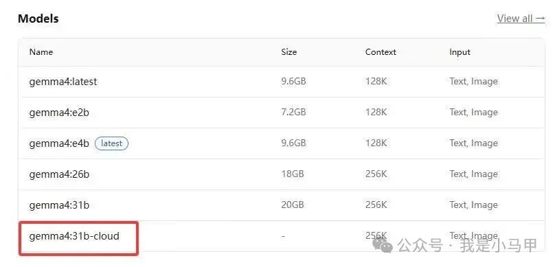 Ollama云端模型列表截图，显示带有-cloud后缀的模型被高亮标出