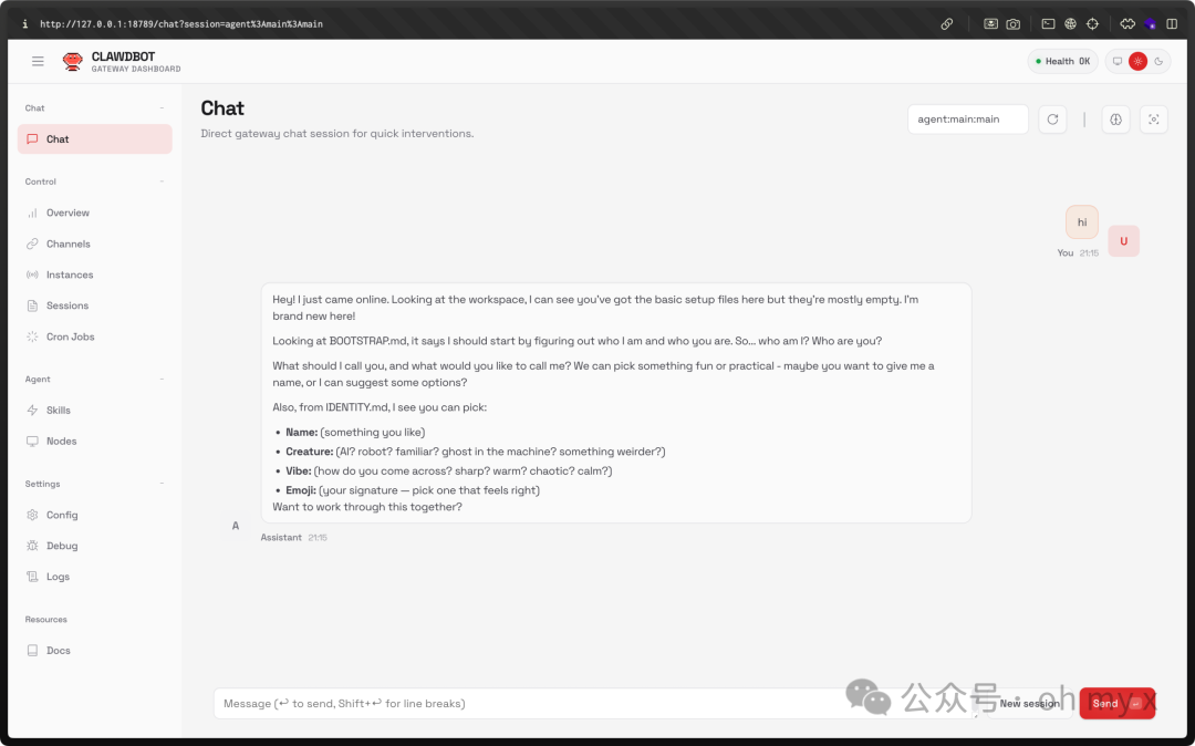 OpenClaw网关仪表盘聊天界面，AI助手正在自我介绍并询问用户偏好
