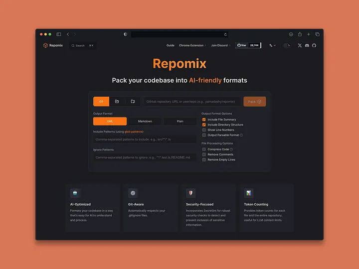 Repomix配置界面截图,展示代码库打包为AI友好格式的选项