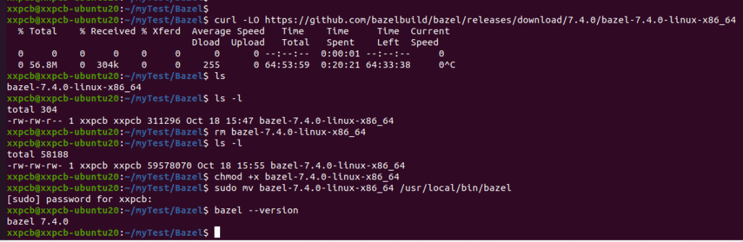 Ubuntu 终端中下载安装 Bazel 7.4.0 并验证版本的完整命令过程