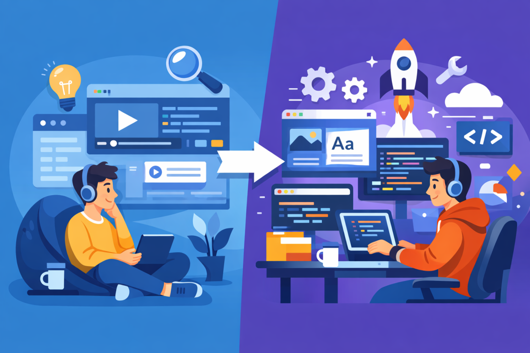 一张展示从视频编辑转向网页开发职业路径的示意图