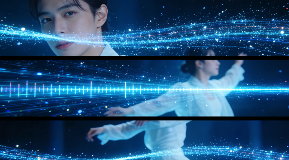 三屏展示Seedance生成效果：人脸、舞蹈动作与最终合成视频，凸显其多模态控制能力。