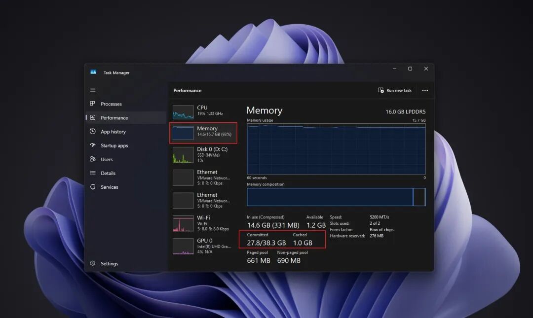 Windows 11 任务管理器内存详情截图,16GB 内存占用 93%