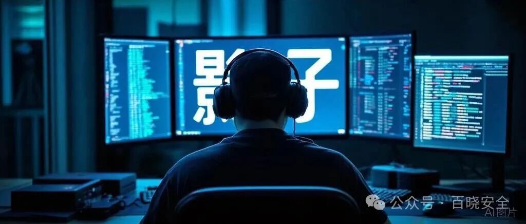 黑客在昏暗房间中面对多台显示器操作,屏幕显示代码