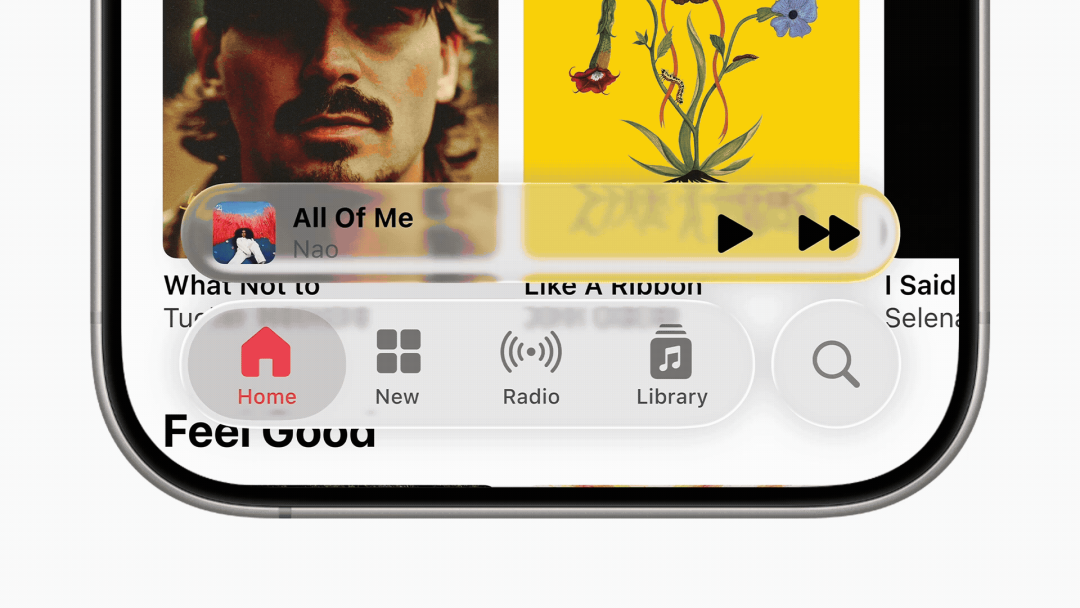 iOS 26音乐播放器界面展示液态玻璃效果