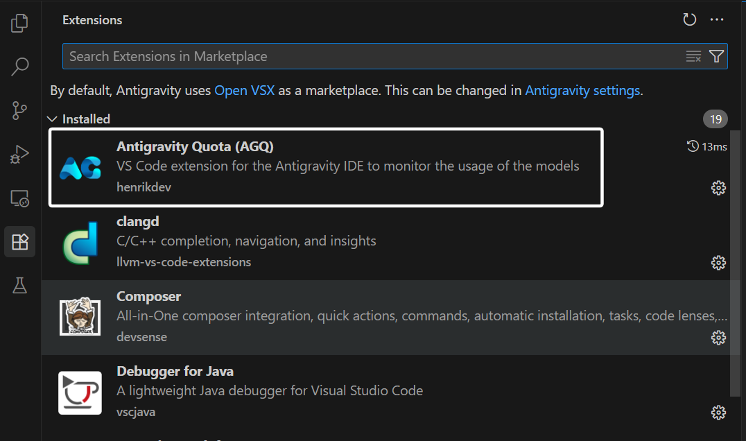 Antigravity IDE的扩展管理界面