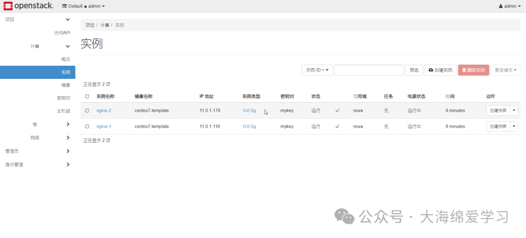 实例列表页，显示nginx-2（IP 11.0.1.178）和nginx-1（IP 11.0.1.116），均使用centos7-template镜像，状态“运行中”