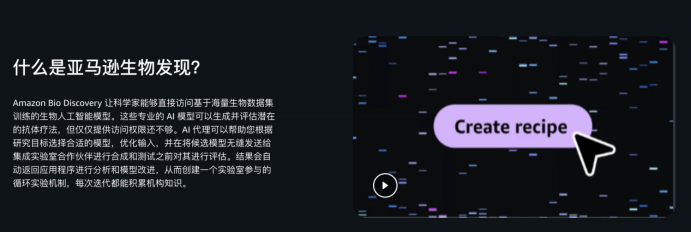 Amazon Bio Discovery服务介绍页面，展示AI驱动的药物发现循环