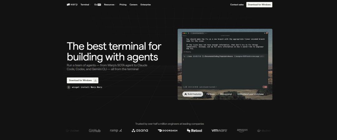 Warp终端宣传页面，强调'the best terminal for building with agents'及AI辅助功能