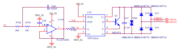 基于TLC2272AID和XTR119UA的脉冲整流与4-20mA输出电路