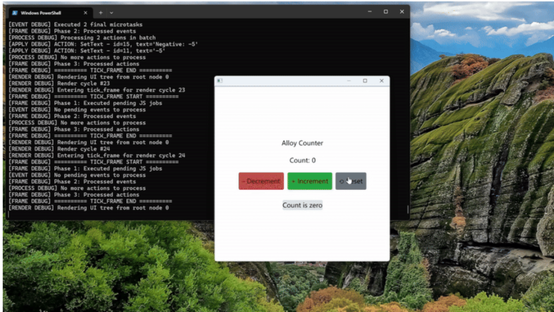 Alloy GUI 原型:一个计数器应用的运行界面与调试日志
