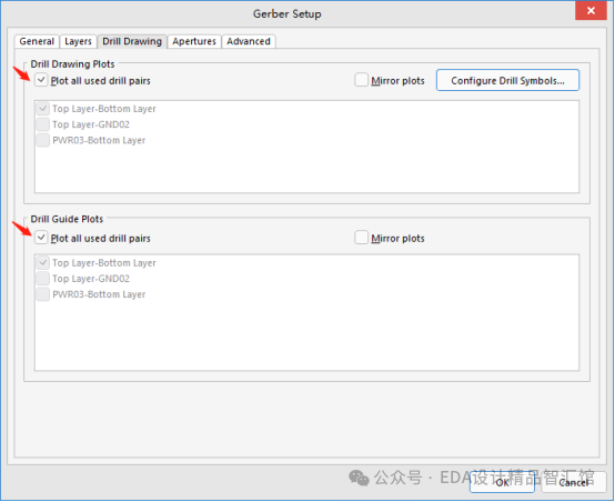 Drill Drawing设置，勾选Plot all used drill pairs