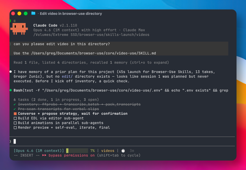 Claude Code 调用 video-use 技能界面