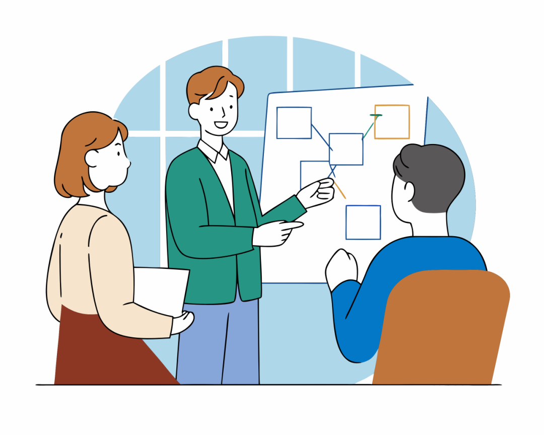 商务场景中三人进行技术讨论与流程图讲解的示意图