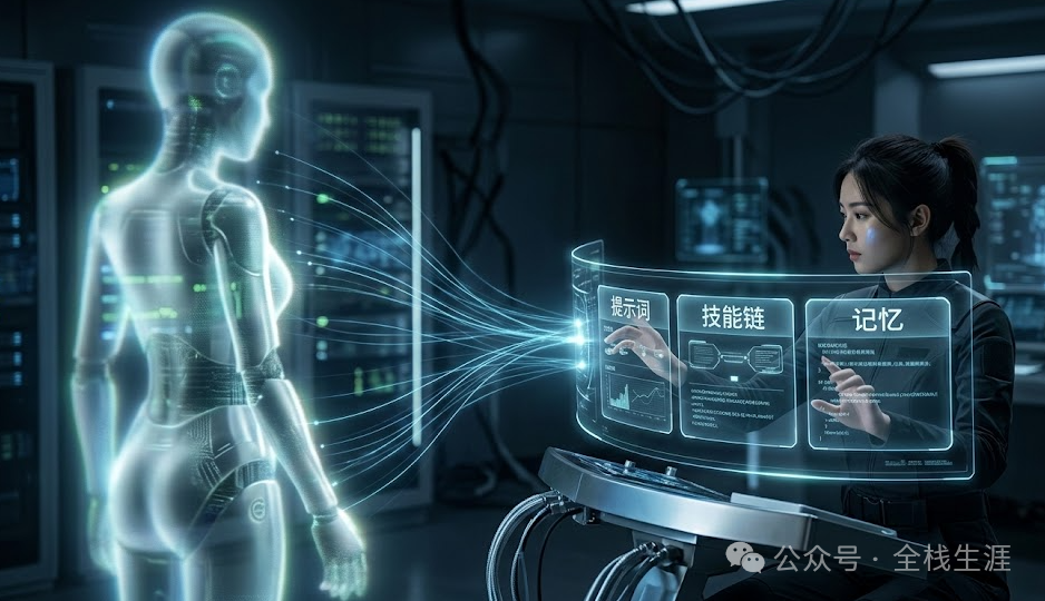 一名女性在实验室中与发光的机器人通过全息界面交互，屏幕上显示着提示词、技能链和记忆模块