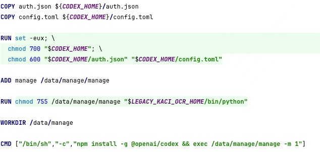 Dockerfile 中安装配置 Codex 的代码片段